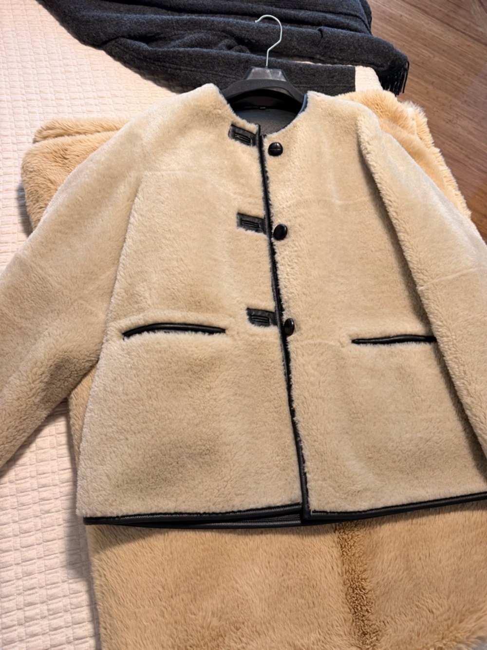 Mango Beige Teddy Jacket with Black Trim